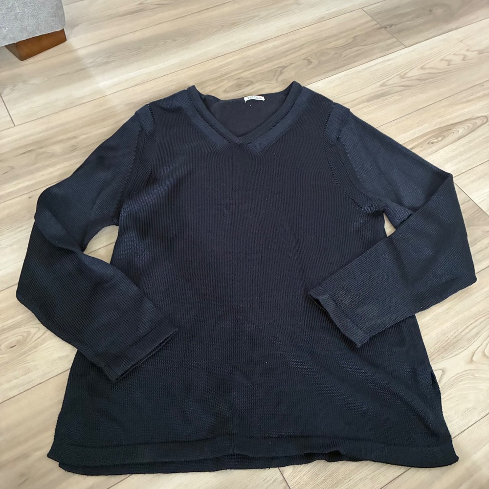 Willi Smith Navy Blue V Neck Knit Sweater Long Sleeve Side Slits Womens XL